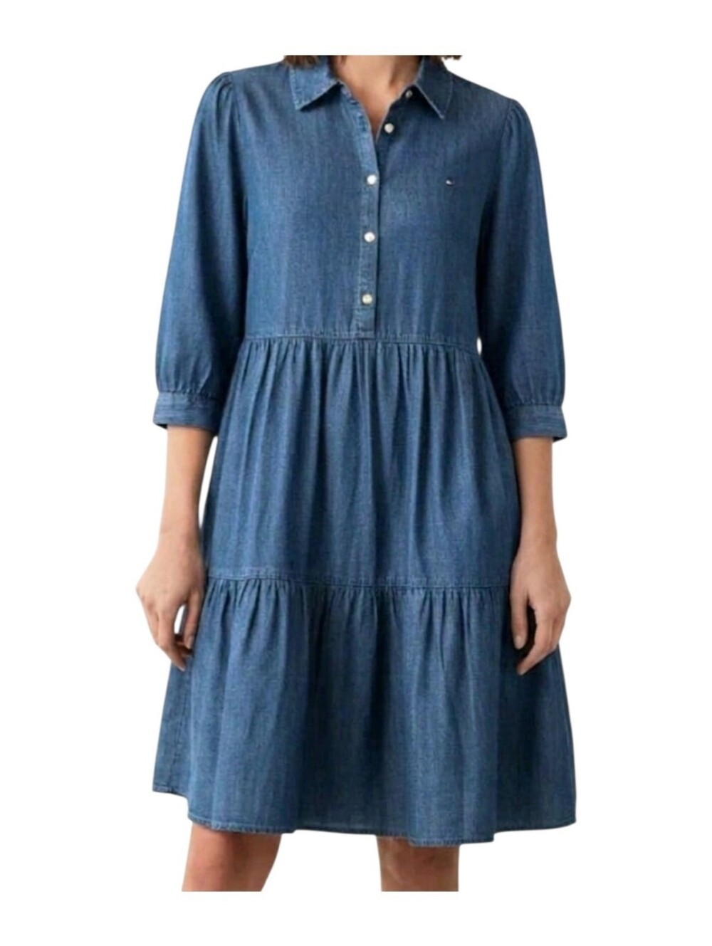 Tommy Hilfiger Ruffle Hem Denim Chambray Relaxed Shirt Dress 12 Cotton Blend